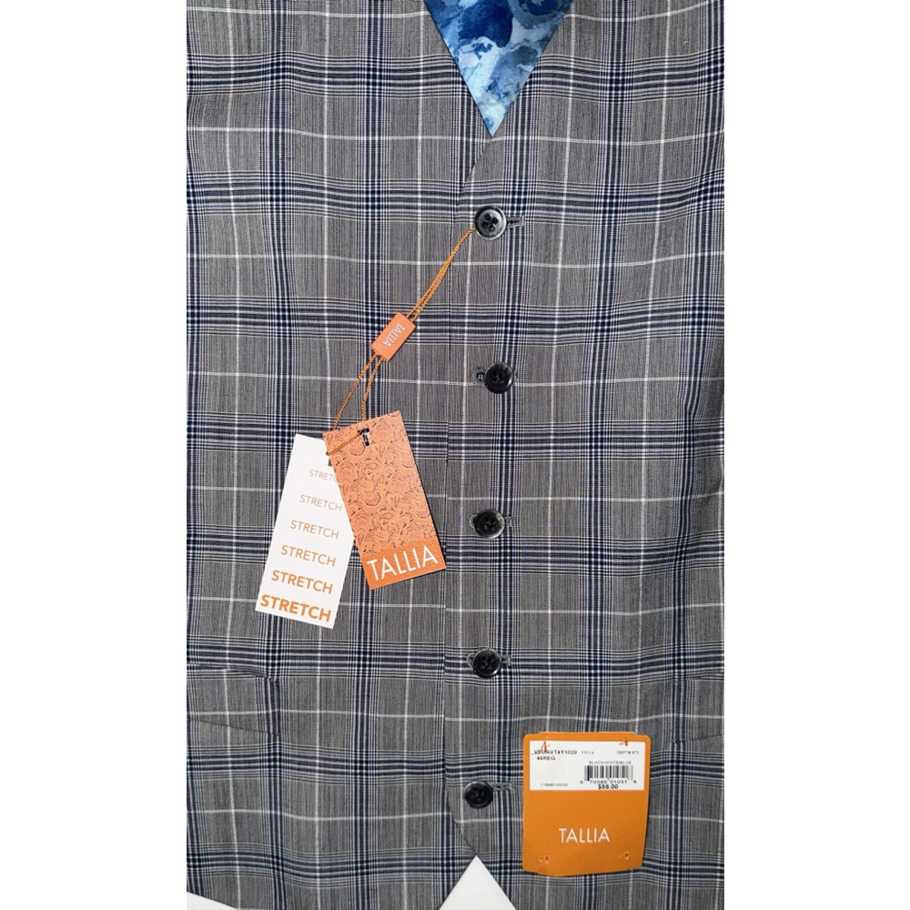 NWT Tallia Men Wool Blend Vest 46R Slim Lined Grey Blue Plaid Floral Back Fit - Picture 7 of 8